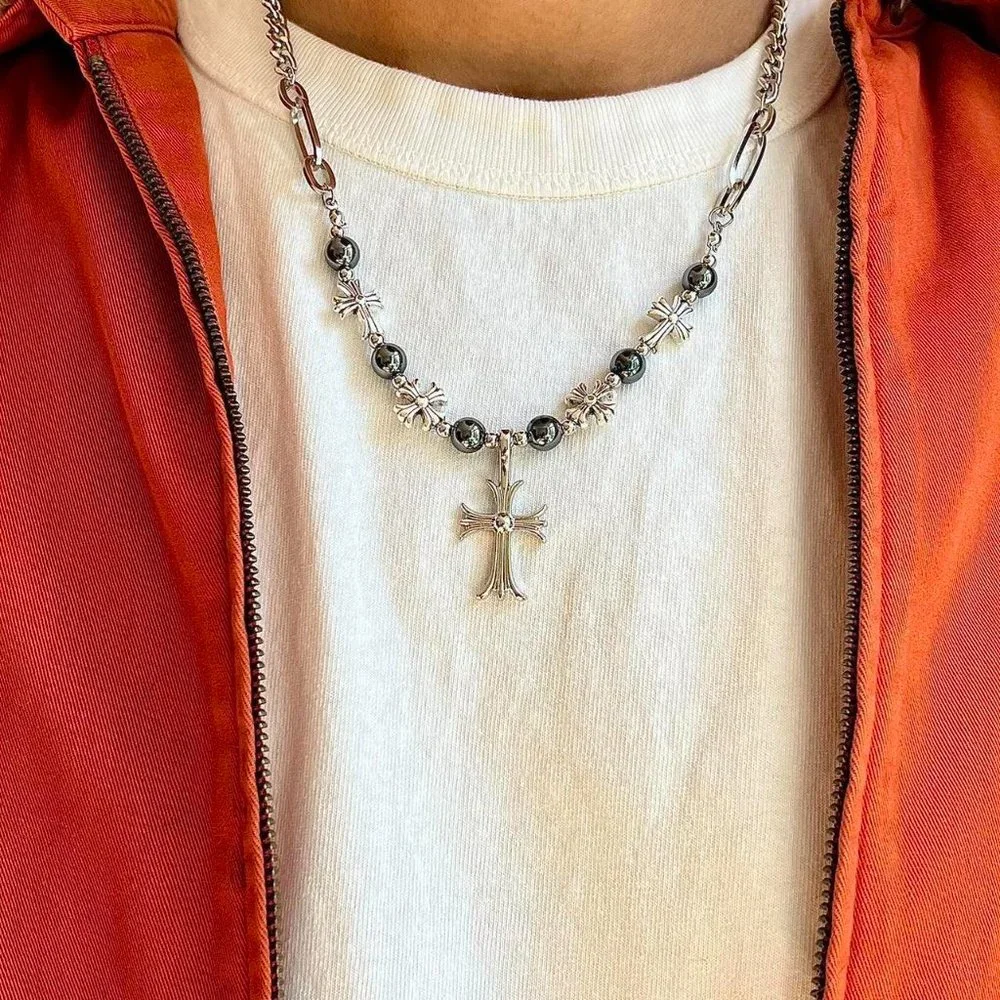 Pearl silver cross pendant necklace.  y2k grunge chrome.  Men/Women